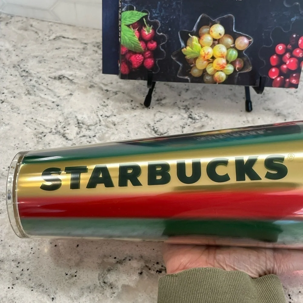 Starbucks 2024 Metallic Red Green & Gold Stripe Cold Cup Dome Tumbler. NWT. WOW!
